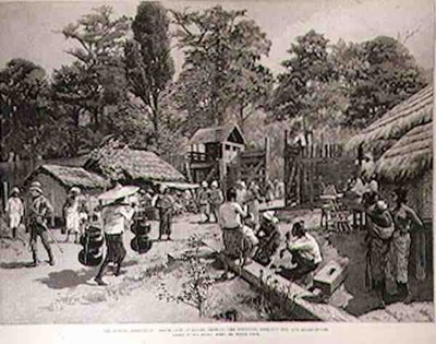 The Burmah Expedition: South Gate of Bhamo Showing the Stockade, Look-Out Hut and Guard-House, from The Illustrated London News by English School